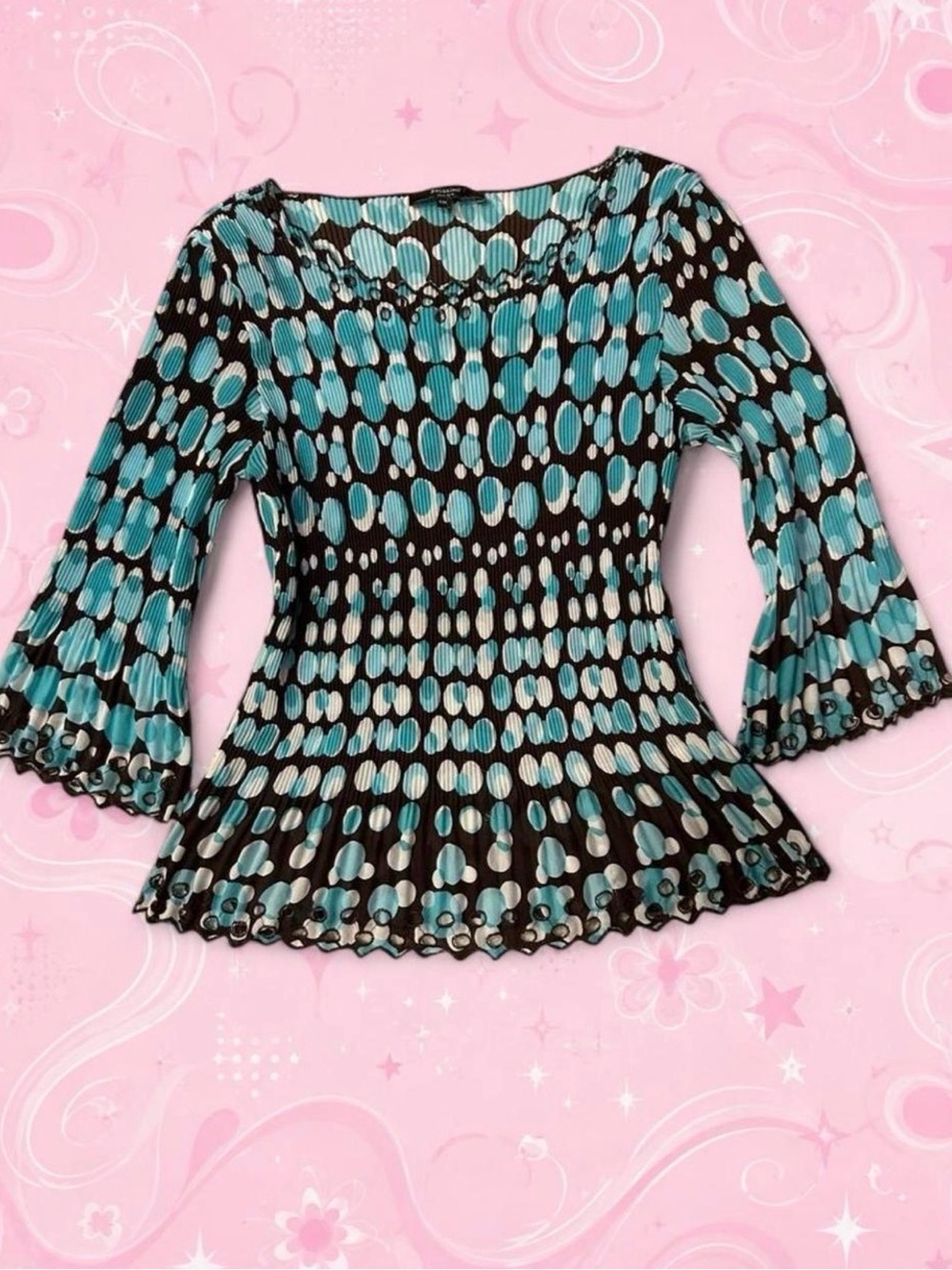 Y2K Brown & Aqua Bubble-Print Pleated Top